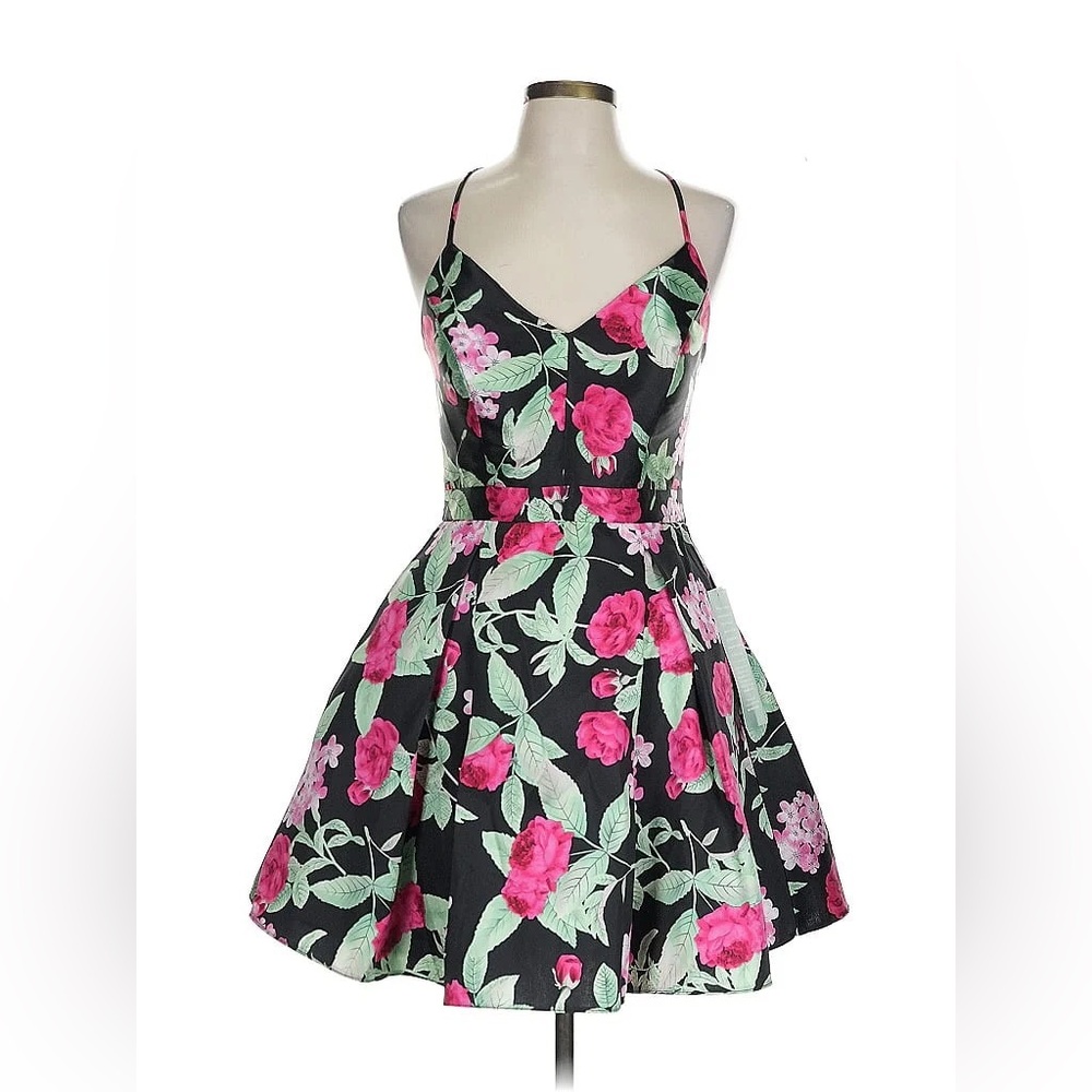 B SMART: BLACK SATIN WITH PINK FLOWERS FULL SKIRTED PARTY DRESS SIZE 9 JUNIOR